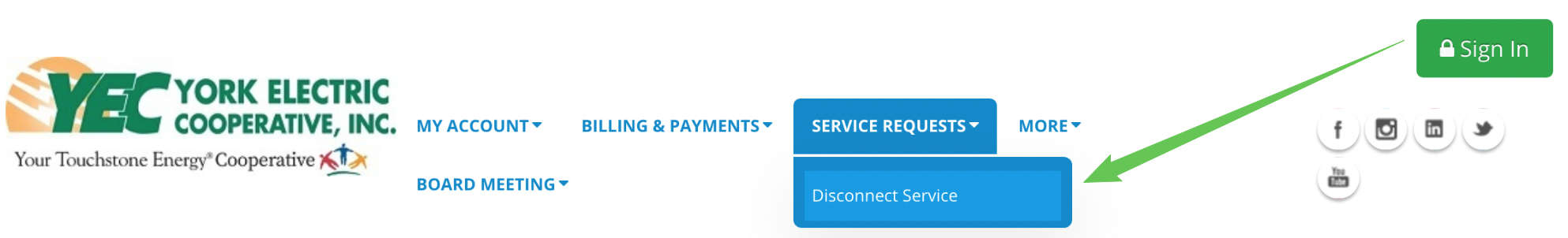 Member Portal Disconnect Service menu screenshot.