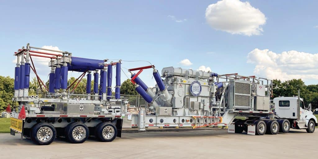 Mobile substation-equipped tractor trailer truck.