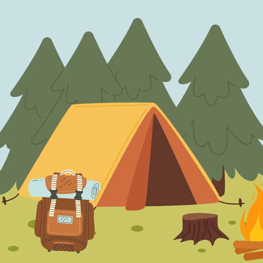 Campsite with backpack, tent, and campfire